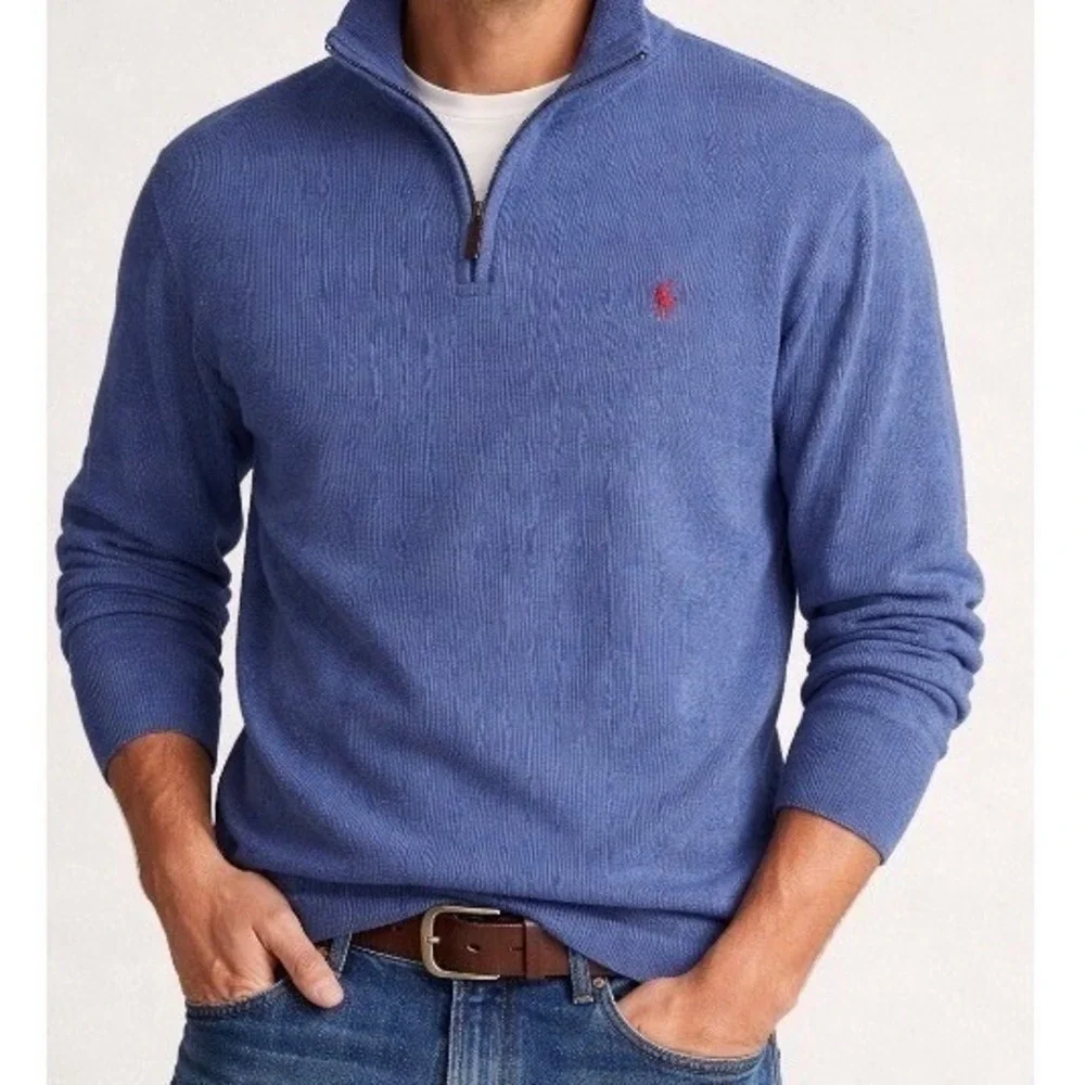 Polo Ralph Lauren Quarter Zip Pullover Mens L Blue Old Money Estate Rib Sweater